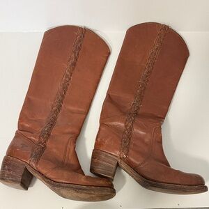 Frye Sabrina Campus boot in cognac brown leather with braided detailing